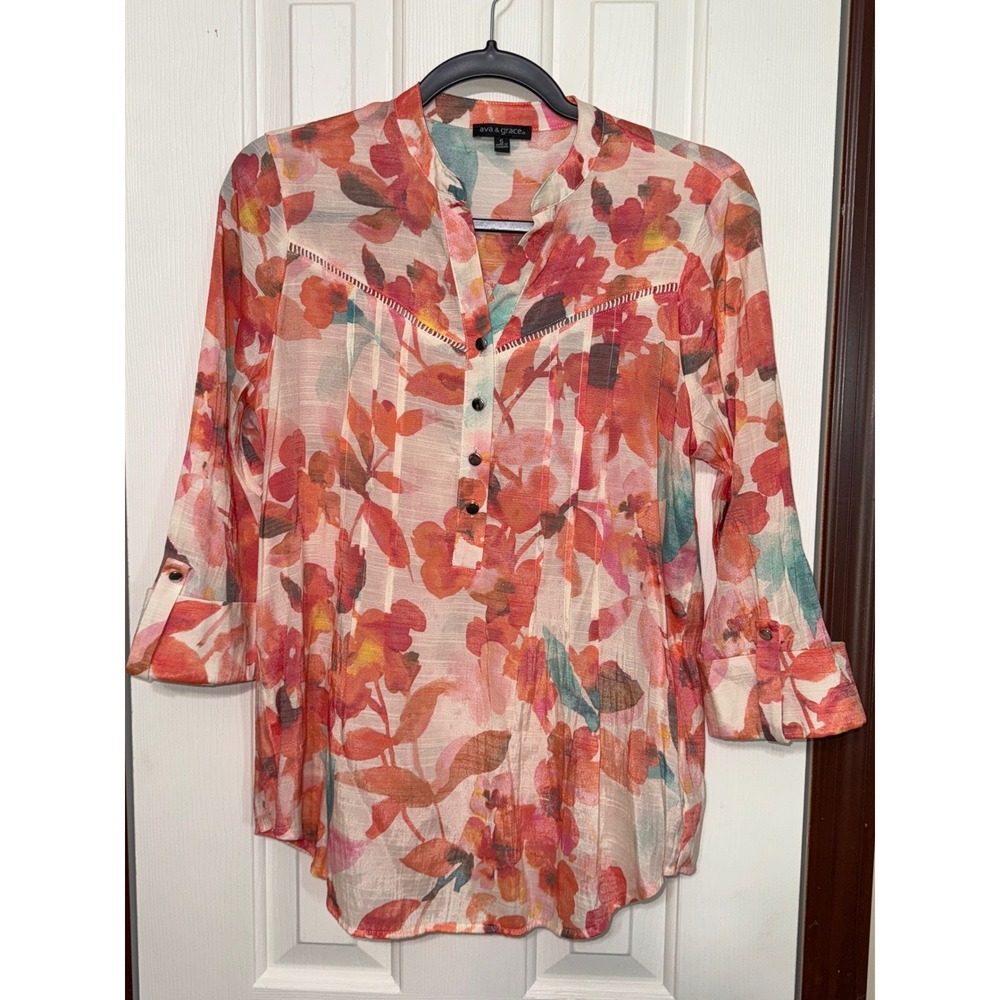 Ava & Grace Floral Print Blouse Button Up 3/4 Sleeve Tunic Top Size‎ S